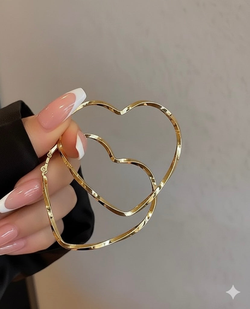 Gold Wavy Heart Hoop Earrings